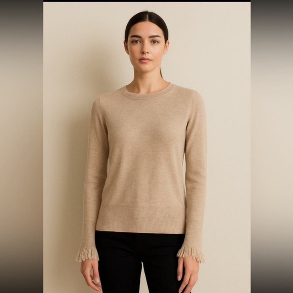White + Warren Fringe Cuff Sweater – Beige‎ Heather – Size M